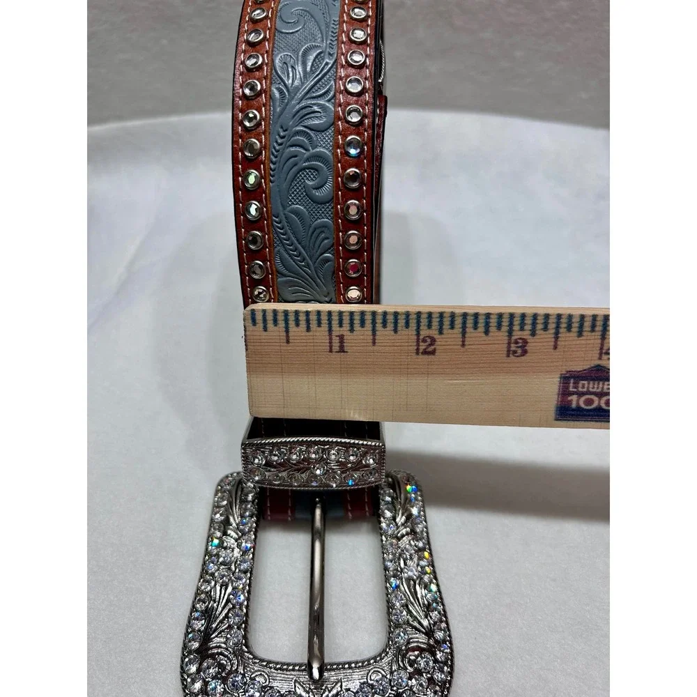 3-D Belt Womens Blue Tooled Leather Rhinestone Western Cowgirl Belt Size 32 647